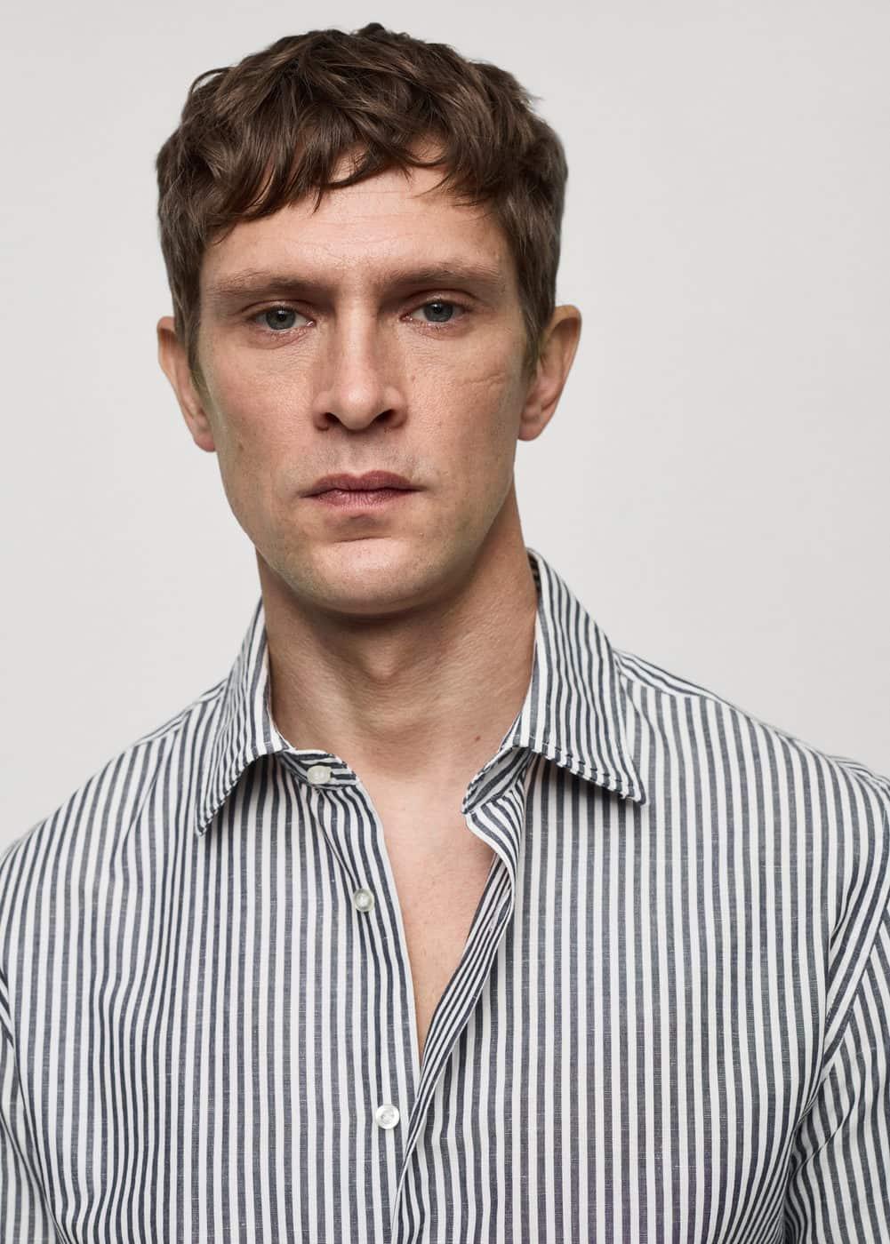 Regular-fit striped cotton-linen shirt - Men | MANGO USA Product Image