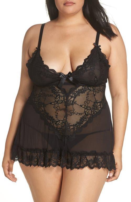 Plus Size Oh La La Cheri Valentine Soft Cup Lace Babydoll & G-String Set 2139X, Women's, Size: 1XL-2XL, Black Product Image