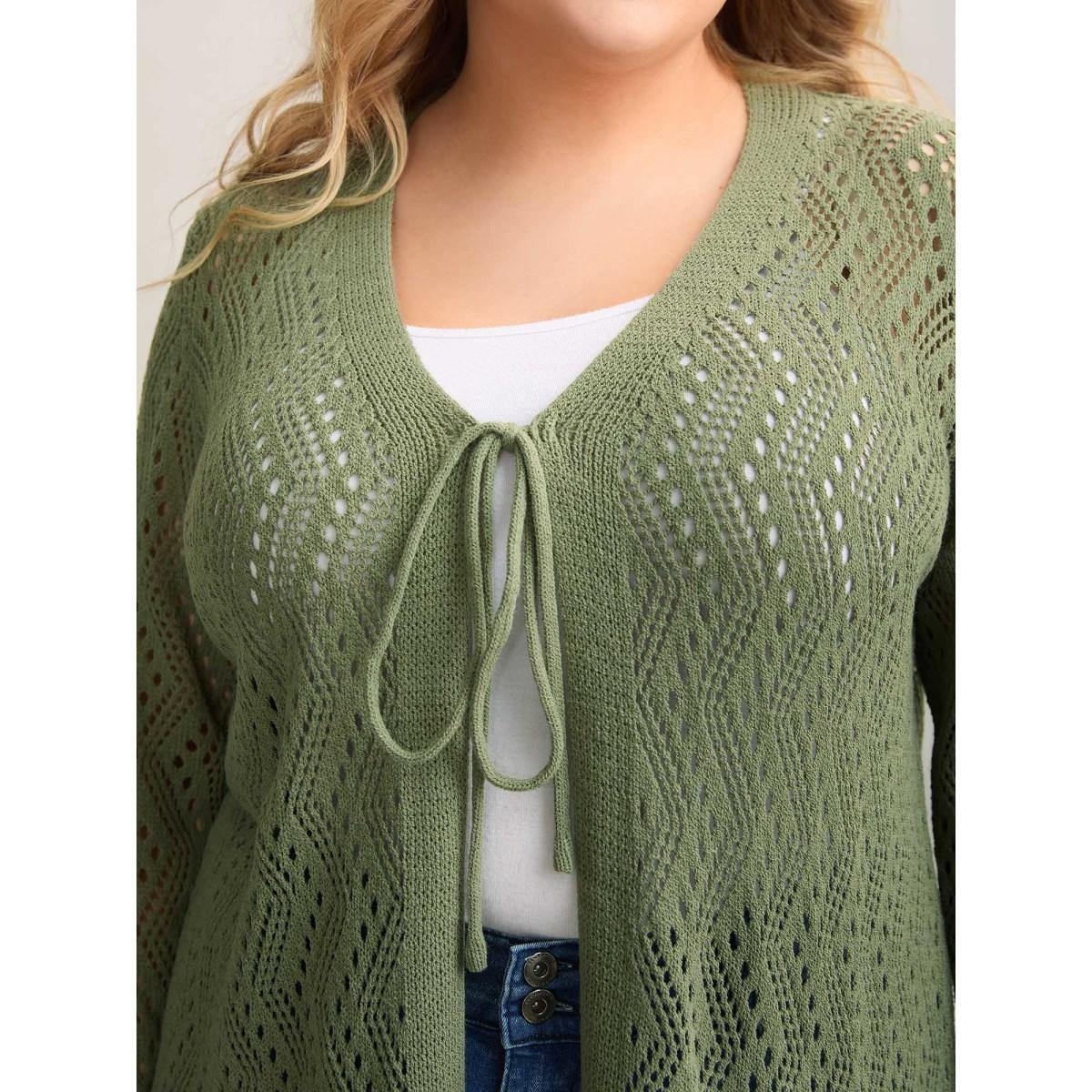 Plus Size Eyelet Trim Front Mid Tie Knit Cardigan Moss Women Casual Loose Long Sleeve Everyday-Casual Cardigans BloomChic 10/M Product Image