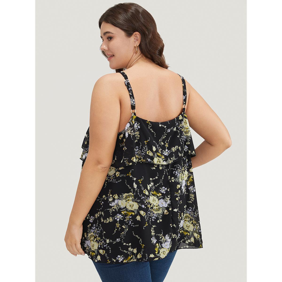 Plus Size Floral Print Adjustable Straps Tiered Hem Cami Top Women BlackFlower Elegant Adjustable Straps Spaghetti Strap Dailywear Tank Tops Camis BloomChic 18-20/2X Product Image