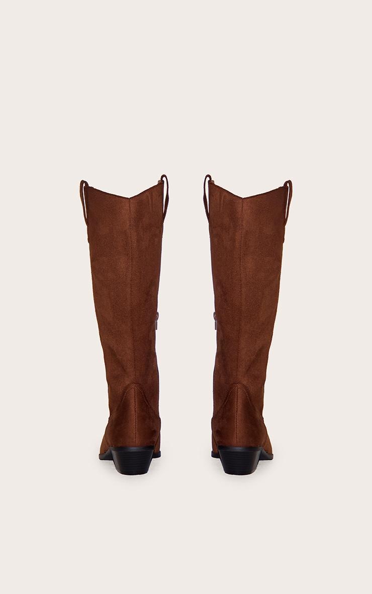 Chocolate Wide Fit Faux Suede Point Toe Knee High Western Boots Product Image