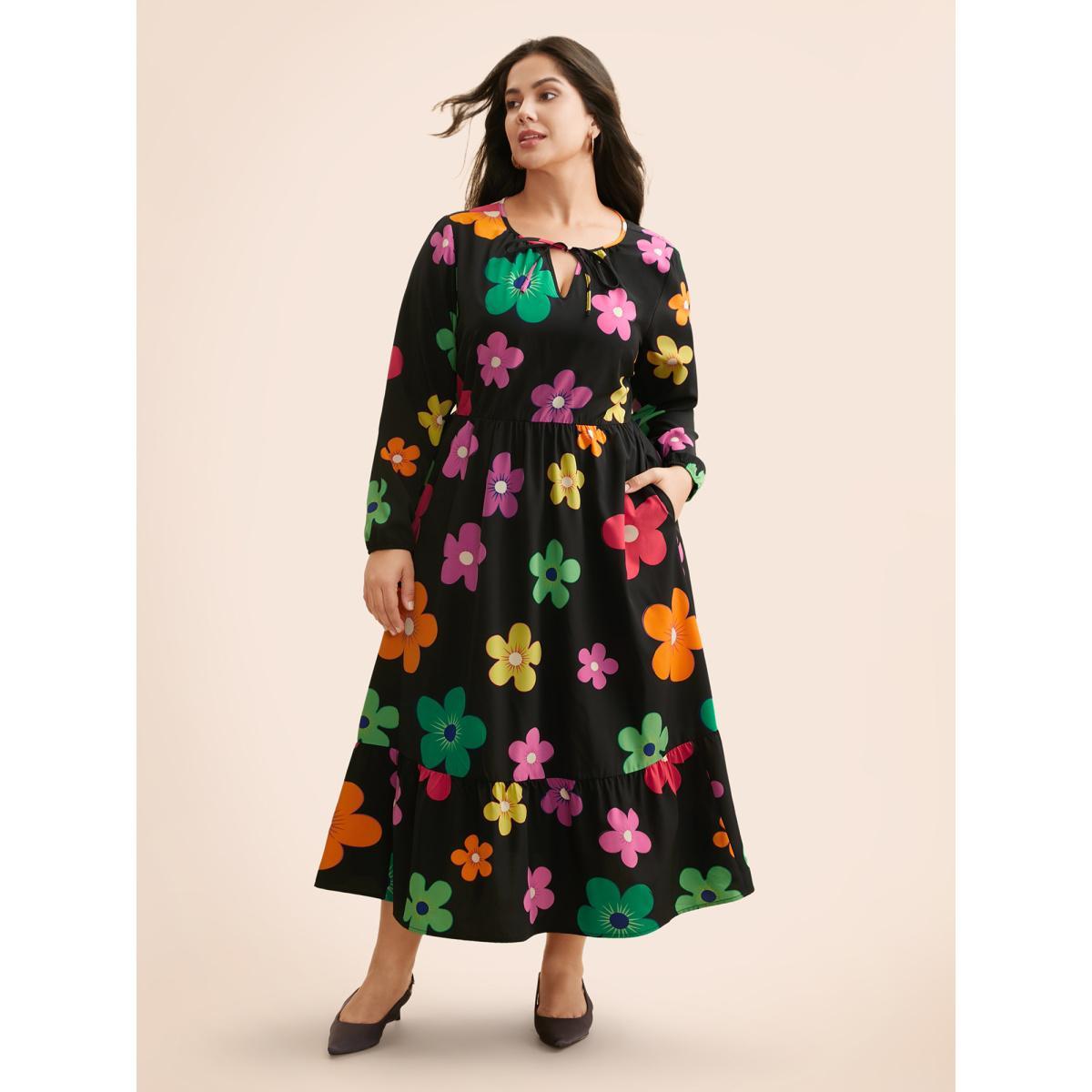 Plus Size Colored Floral Tie Knot Midi Dress Black Women Casual Tie knot Round Neck Long Sleeve Curvy BloomChic 14-16/1X Product Image