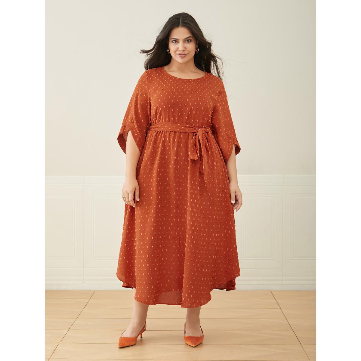 Plus Size Textured Bell Sleeve Belted Arc Hem Dress OrangeRed Women Elegant Texture Round Neck Elbow-length sleeve Curvy BloomChic 14-16/1X Product Image