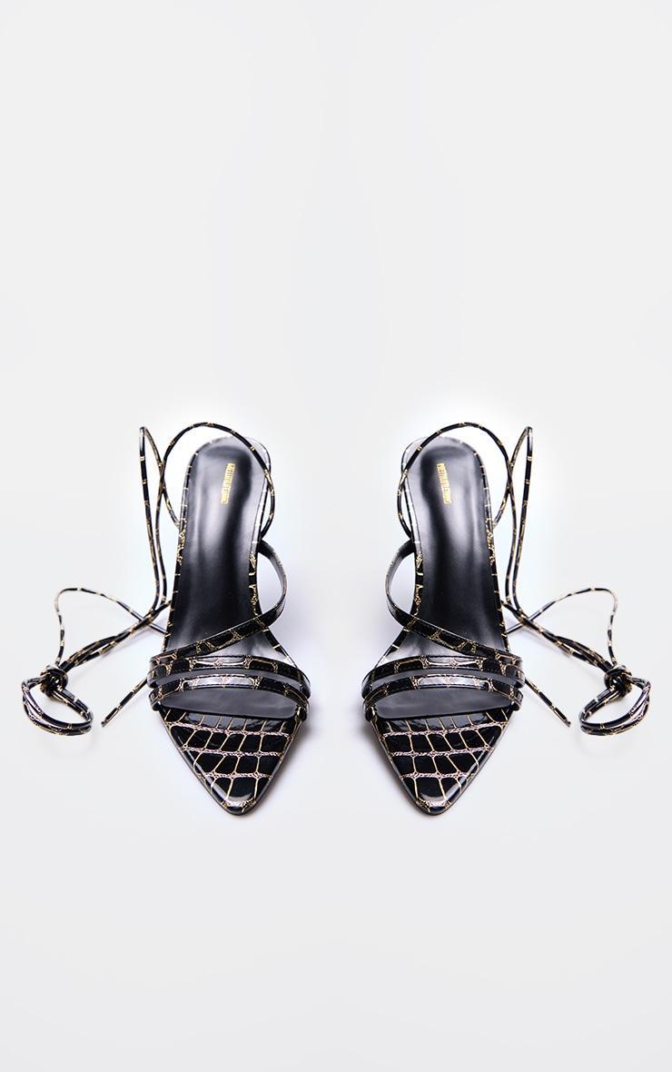 Black Contrast Croc Pu Point Toe Lace Up Heeled Sandals Product Image