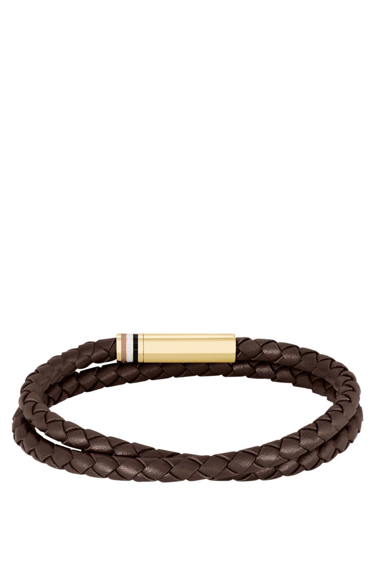 Brown braided-leather cuff with logo closure Product Image