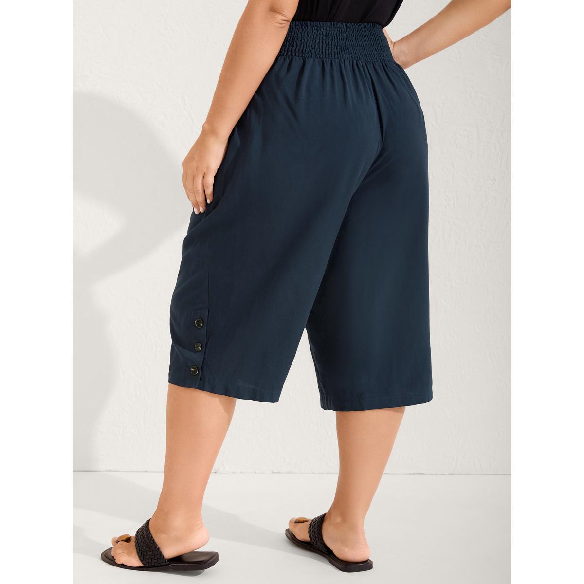 Plus Size Shirred Waist Solid Straight-Leg Pants Women Midnight Resort Straight Leg Mid Rise Vacation Pants BloomChic 14-16/1X Product Image