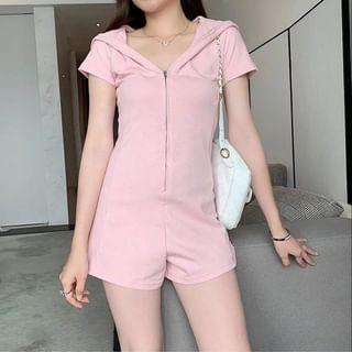 Short-Sleeve Plain Hood Zip Romper Product Image