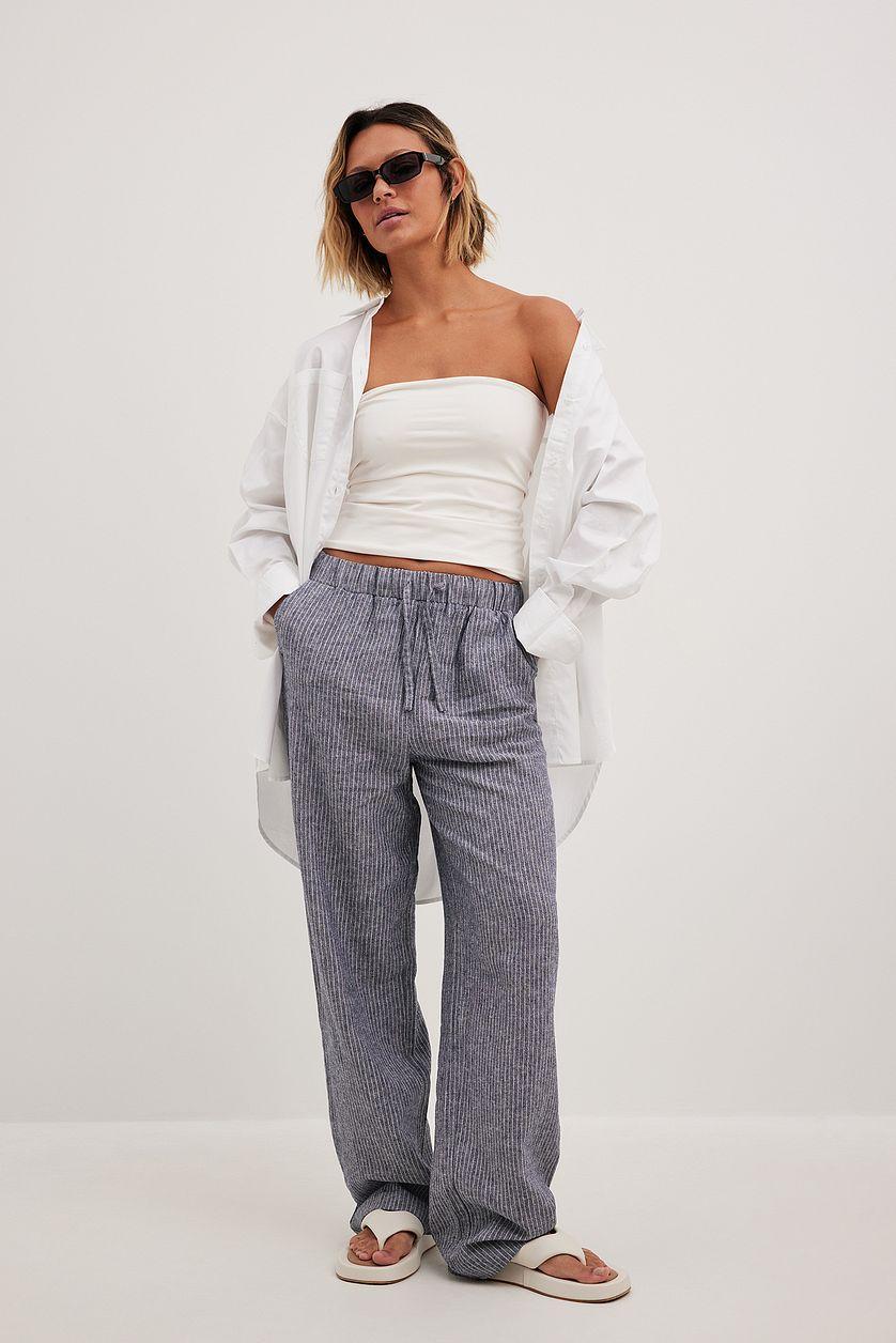 Striped Elastic Waist Linen Pants Product Image
