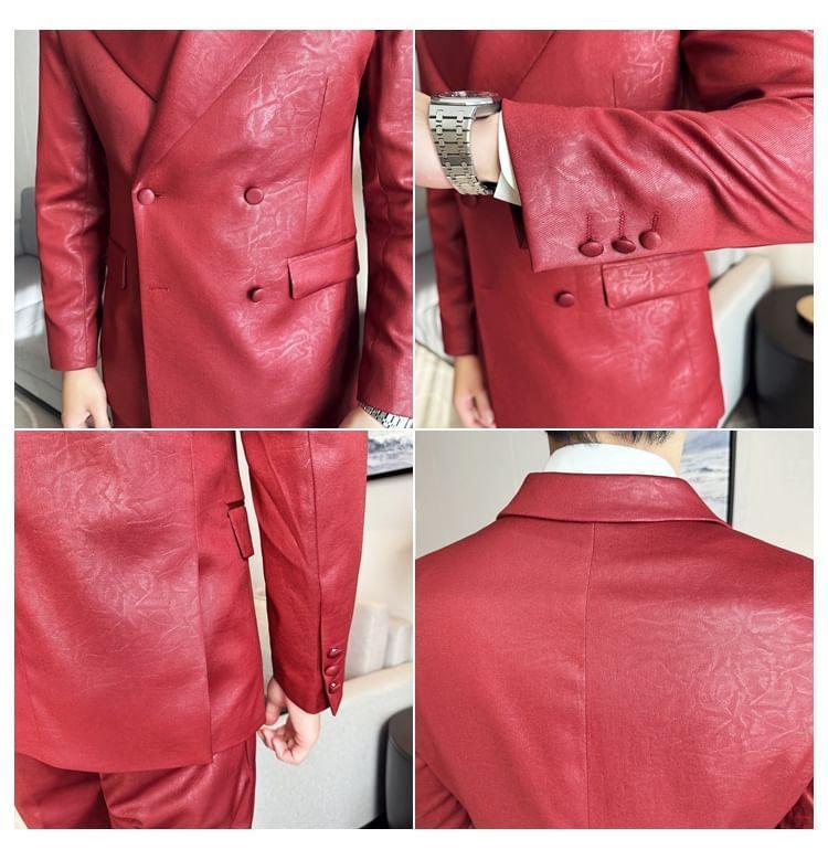 Peak Lapel Plain Faux Leather Double-Breasted Blazer / Mid Rise Cropped Tapered Pants / Set Product Image