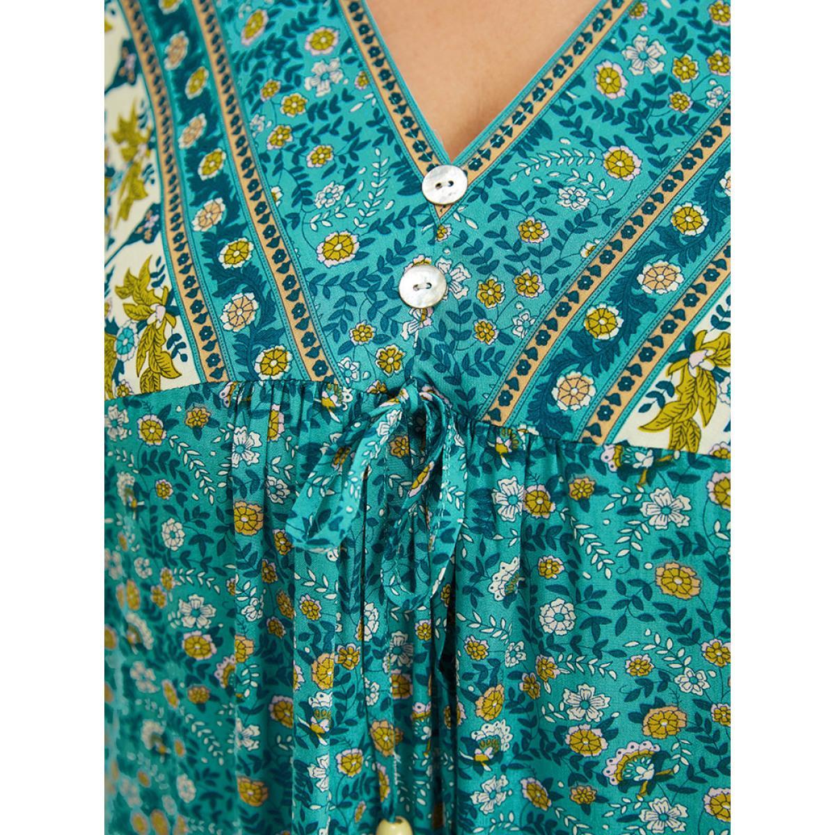 Plus Size Emerald Bandana Ruffle Trim Knot Front Button Detail Blouse Women Elegant Short sleeve V-neck Dailywear Blouses BloomChic 10/M Product Image
