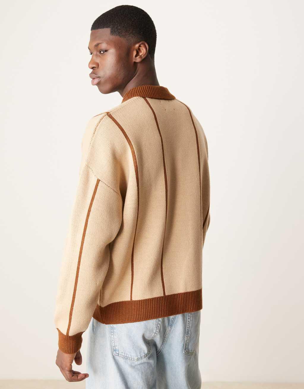 ASOS DESIGN oversized knitted polo in beige with tan stripes Product Image