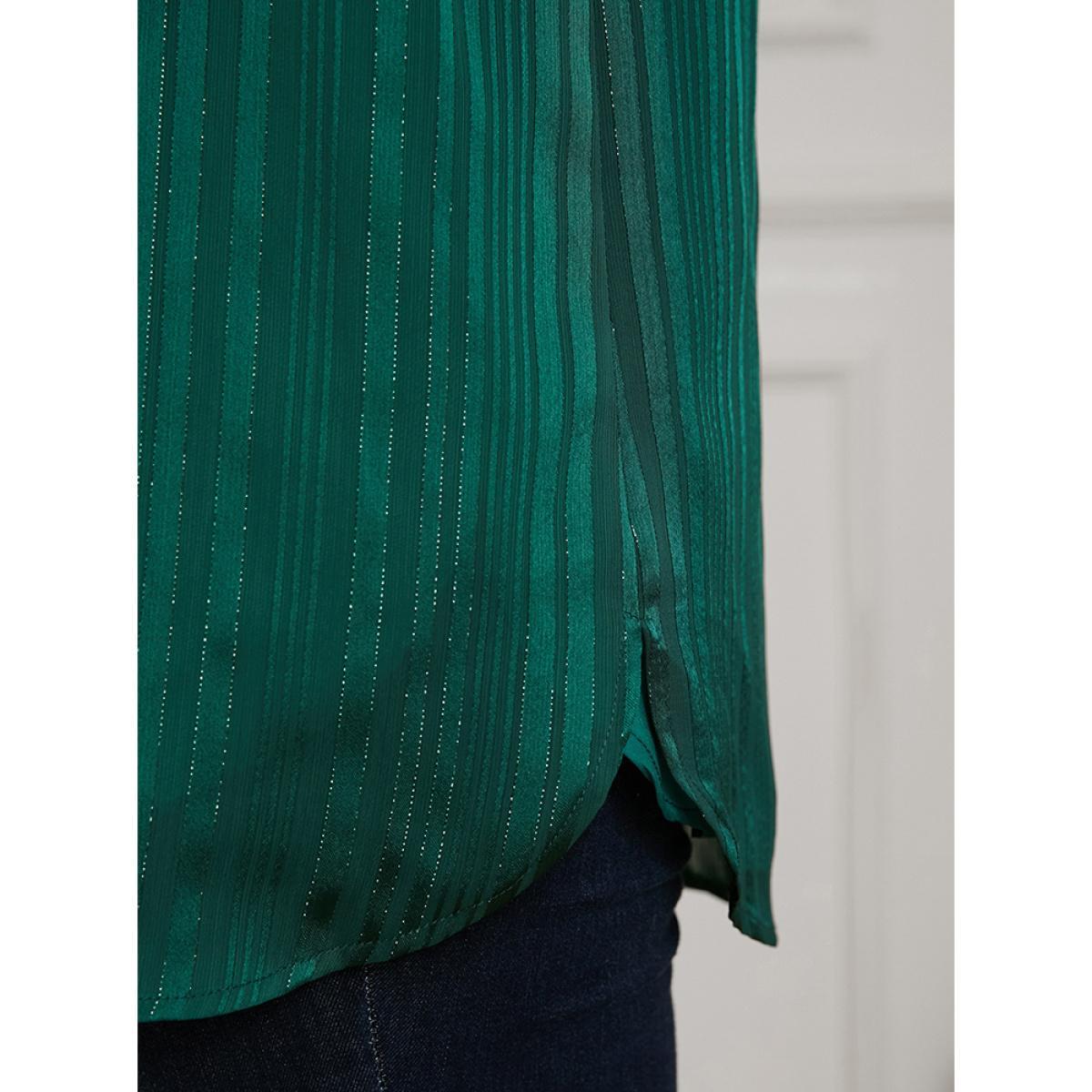 Plus Size Green Glitter Striped V Neck Button Detail Blouse Women Casual Long Sleeve V-neck Festival-Christmas Blouses BloomChic 10/M Product Image