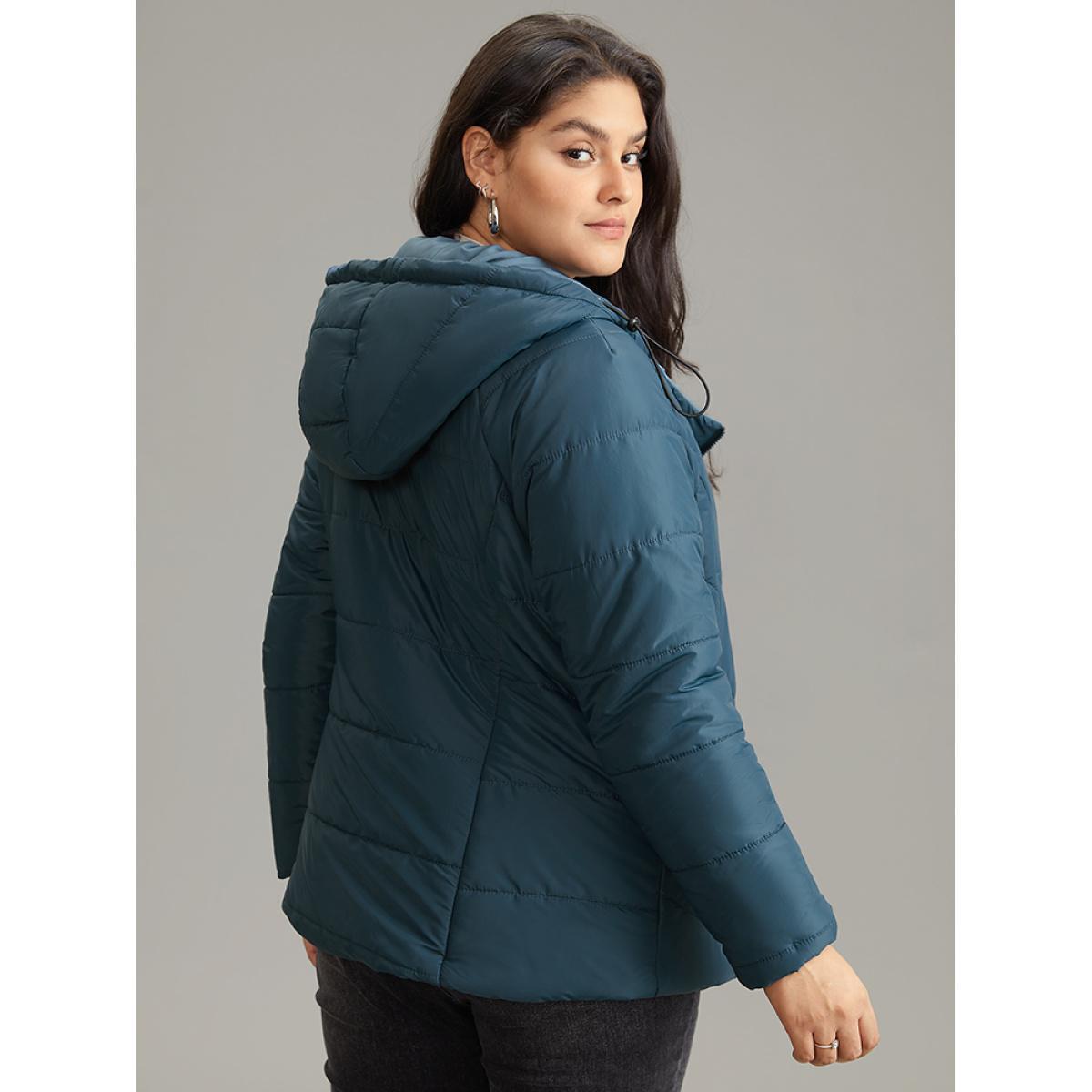 Plus Size Plain Drawstring Padded Zipper Pocket Hooded Jacket Women Blue Lined Pocket Dailywear Jackets BloomChic 30/6X Product Image