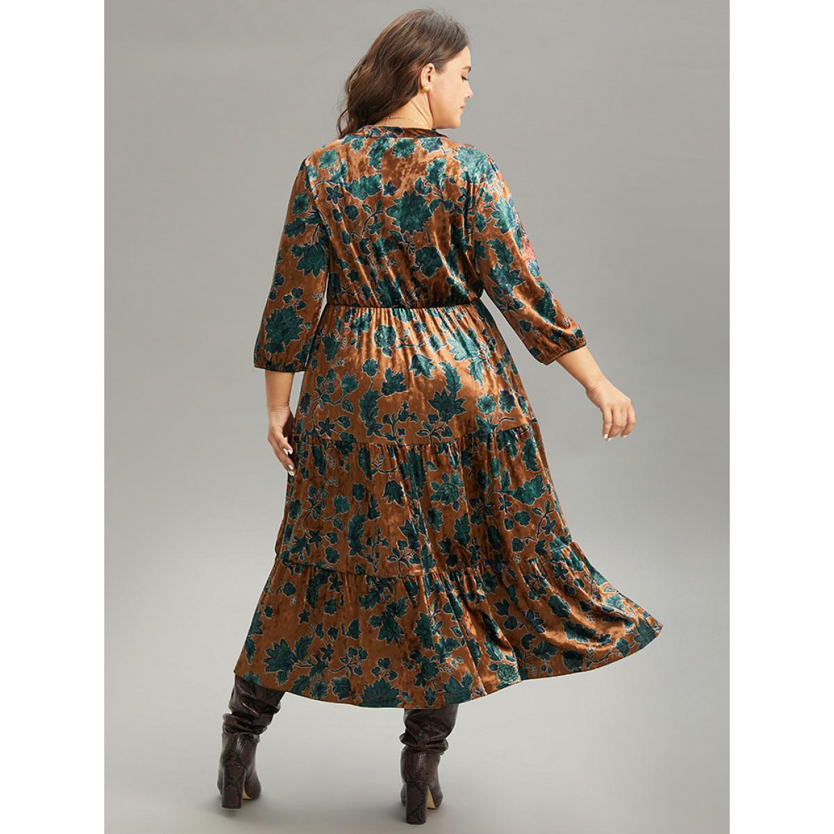 Plus Size Velvet Floral Print Notched Lantern Sleeve Dress Chocolate Women Casual Velvet Notched collar Elbow-length sleeve Curvy Midi Dress BloomChic 14-16/1X Product Image