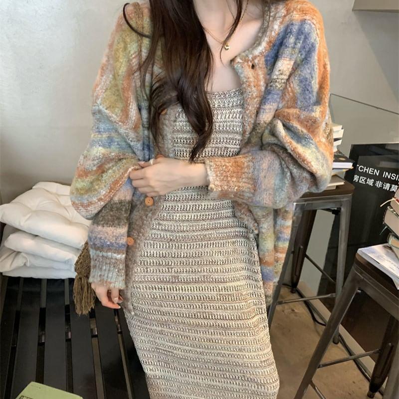 Striped Oversized Cardigan / Sleeveless Striped Fringed Hem Maxi Sheath Dress Product Image