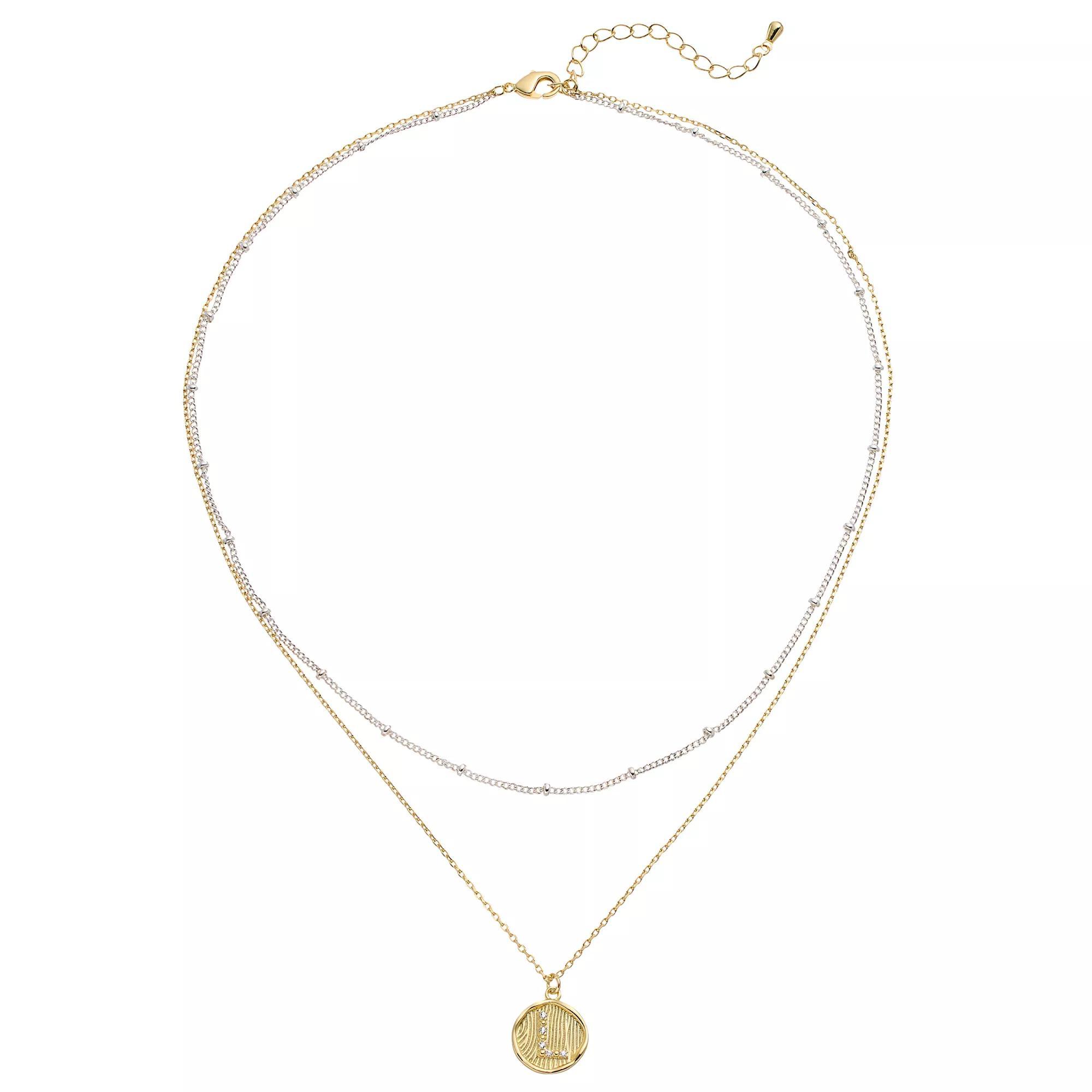 City Luxe Two Tone Layered Initial Disc Necklace with Cubic Zirconia, Women's, Size: 18", Two Tone S Product Image