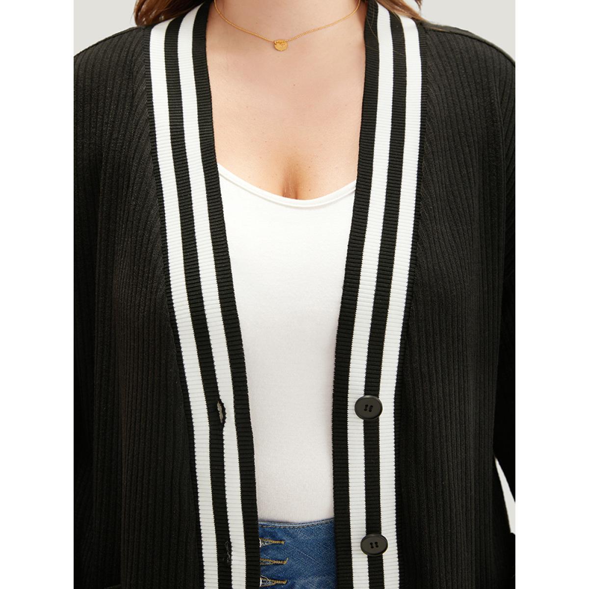 Plus Size Halloween Patchwork Striped Pocket Button Up Rib Knit Coat Women Black Casual Patchwork Ladies Dailywear Winter Coats BloomChic 26/4X Product Image