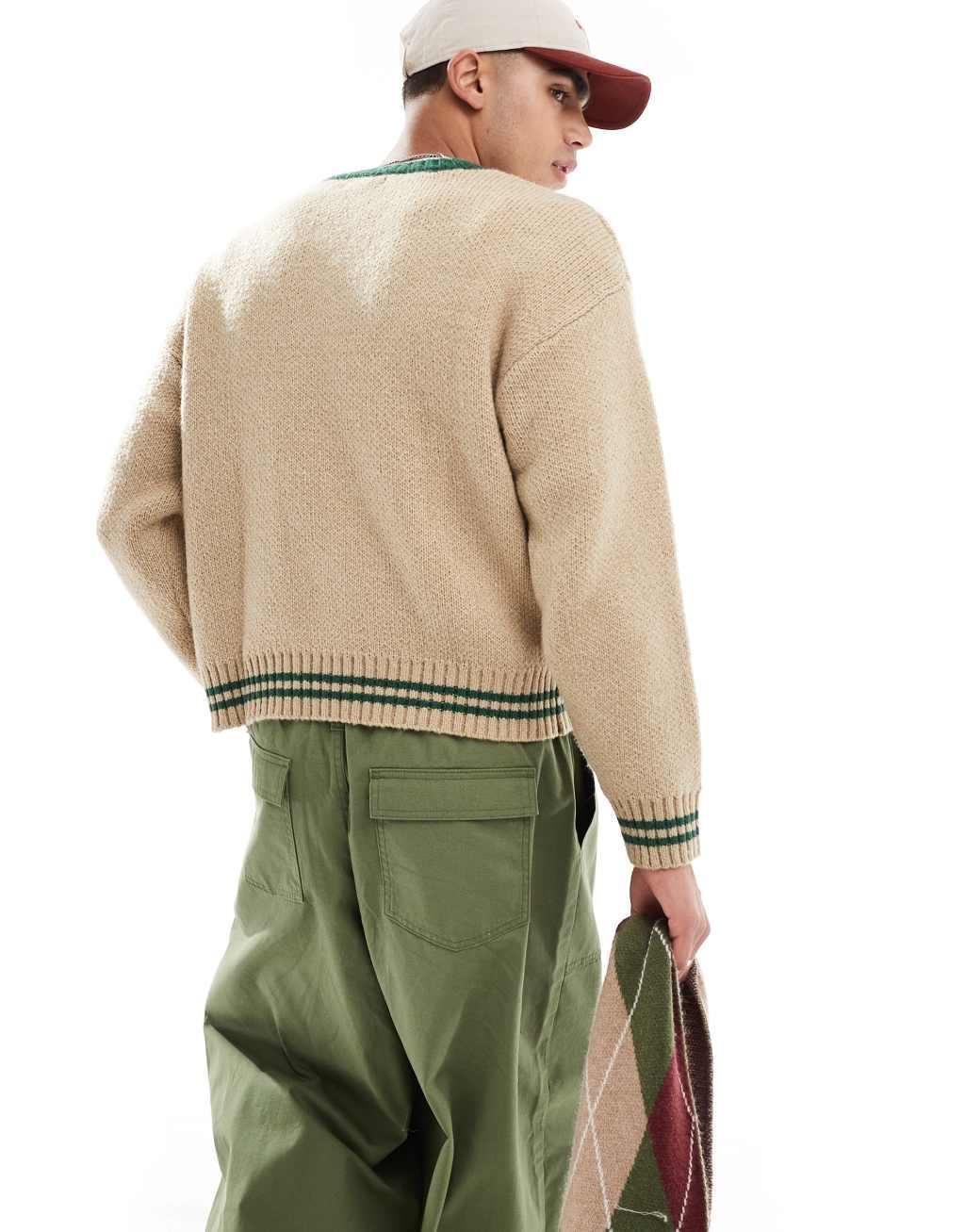 Cotton On v neck knit jumper in green and cream Product Image