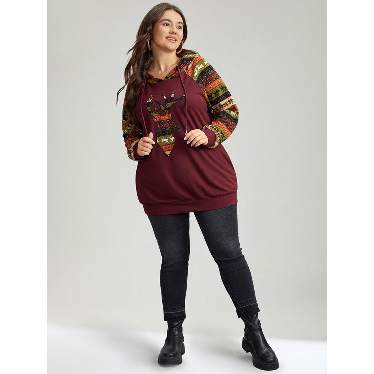 Plus Size Christmas Print Pocket Hooded Drawstring Sweatshirt Women Burgundy Casual Contrast Festival-Christmas Sweatshirts BloomChic 18-20/2X Product Image