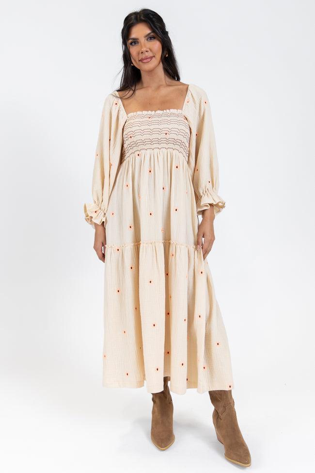 Dress To Impress Beige Floral Stitched Smocked Top Dress FINAL SALE Product Image