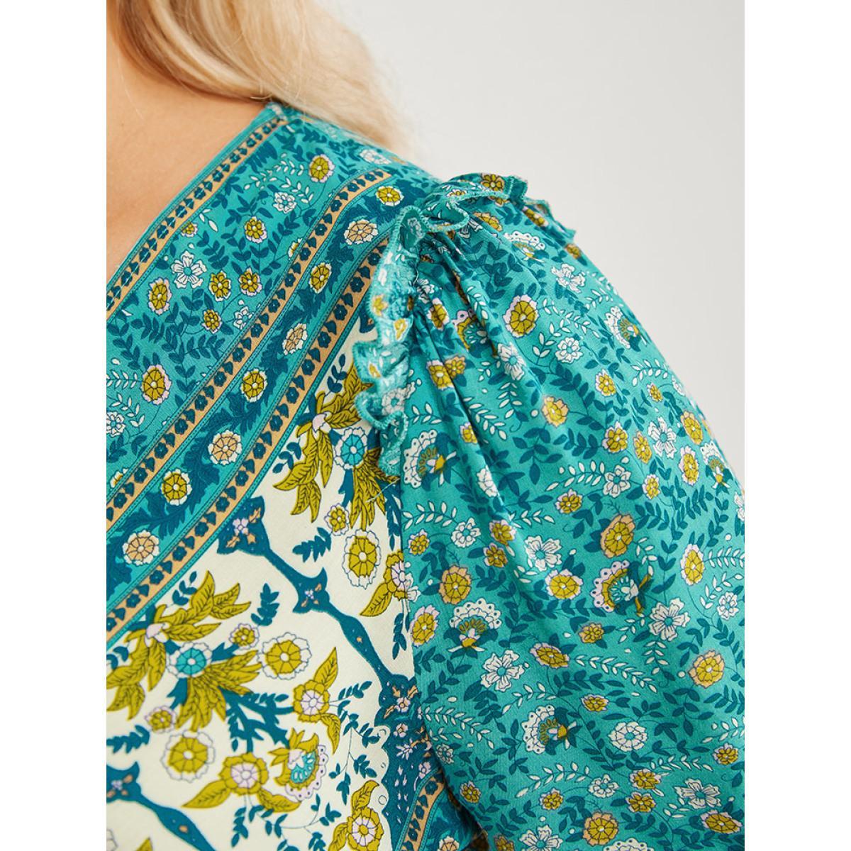 Plus Size Emerald Bandana Ruffle Trim Knot Front Button Detail Blouse Women Elegant Short sleeve V-neck Dailywear Blouses BloomChic 10/M Product Image