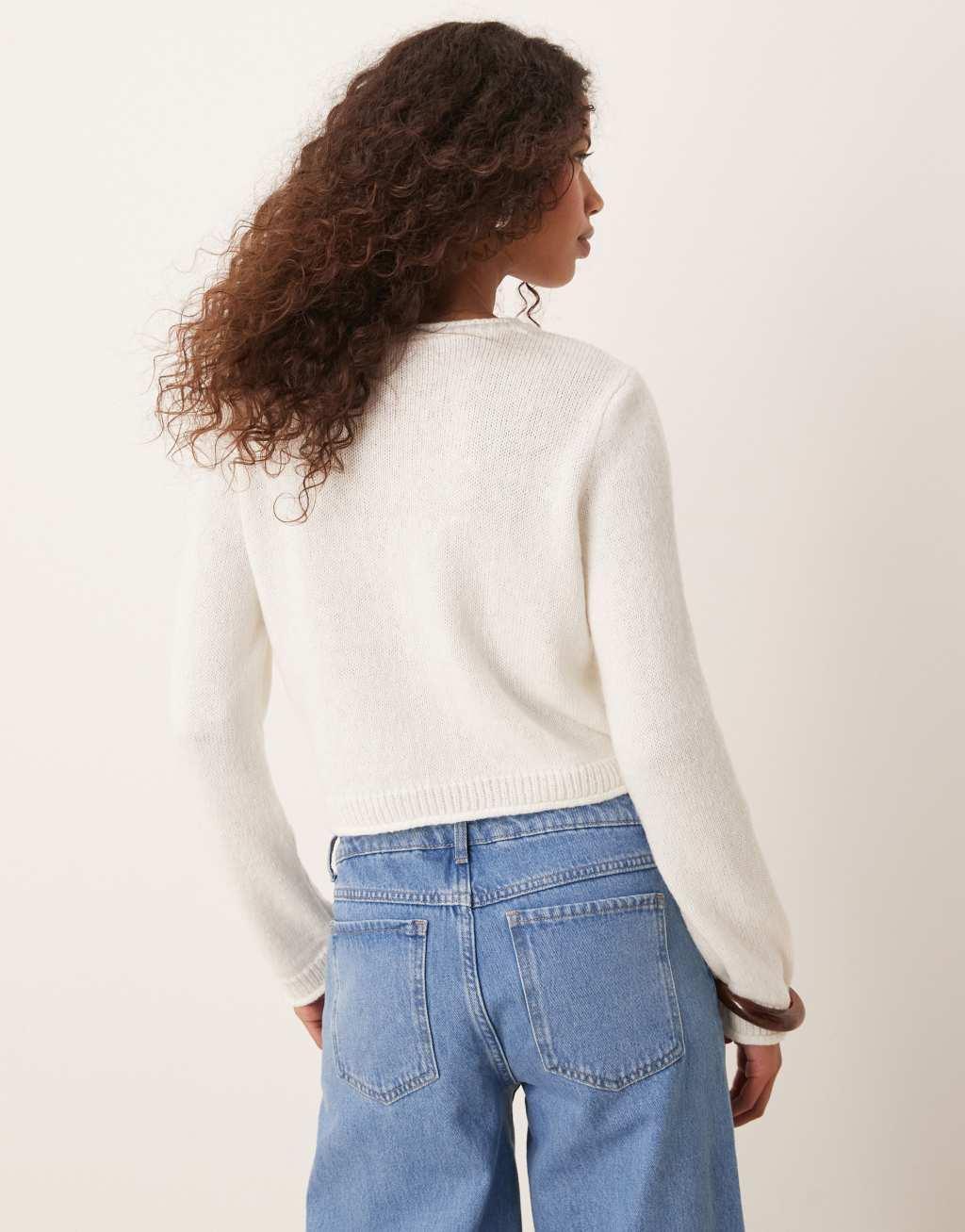 ASOS DESIGN knitted rolled edge boxy cardigan in cream Product Image