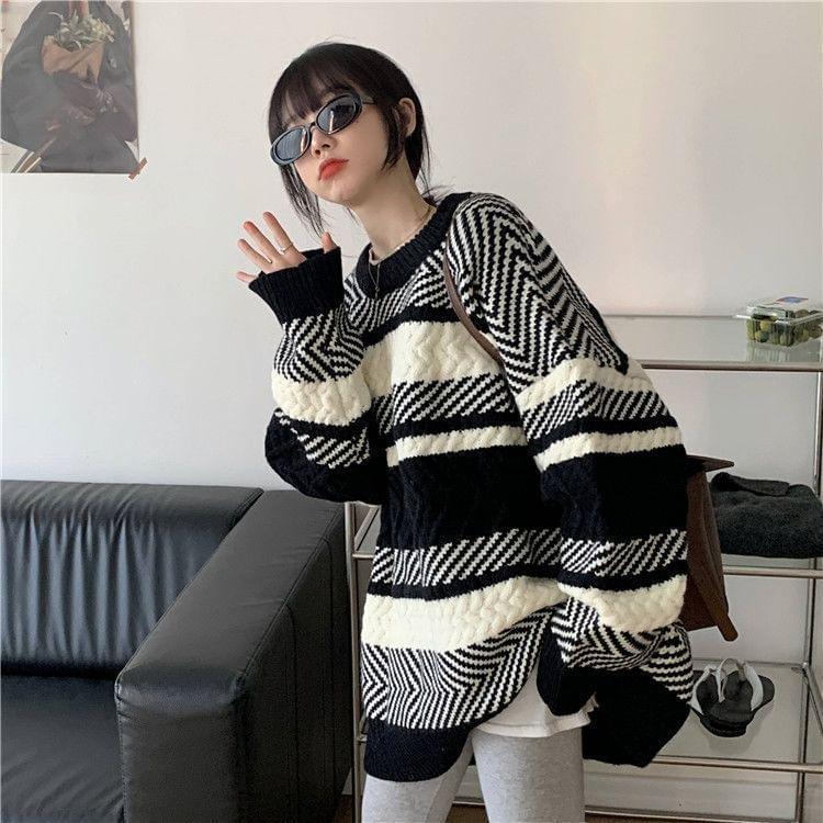 Round Neck Herringbone Oversized Sweater Product Image