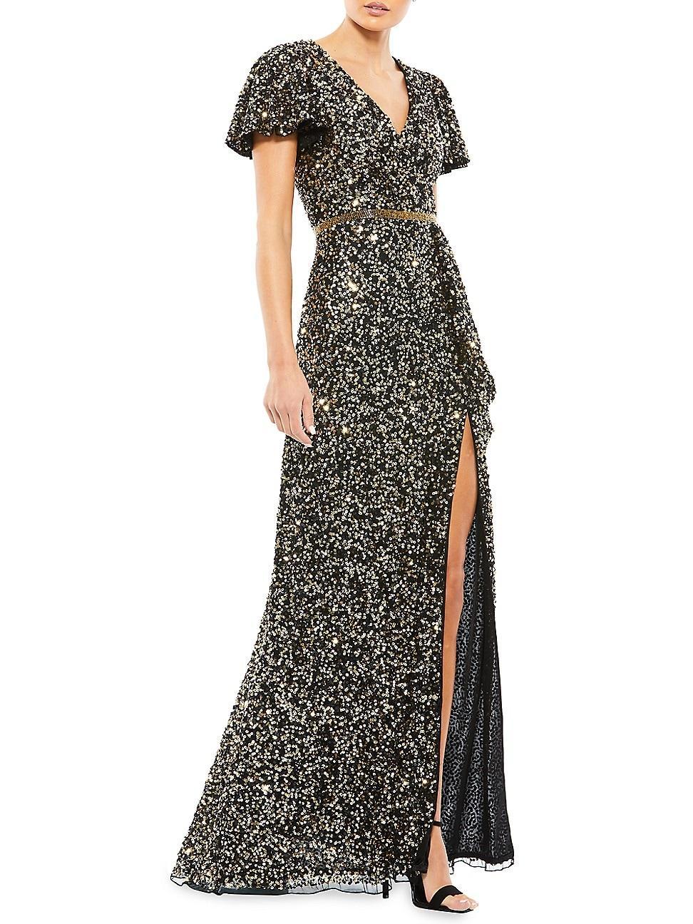 Mac Duggal Sequin V-Neck Short Flutter Sleeve Front Slit Gown Product Image