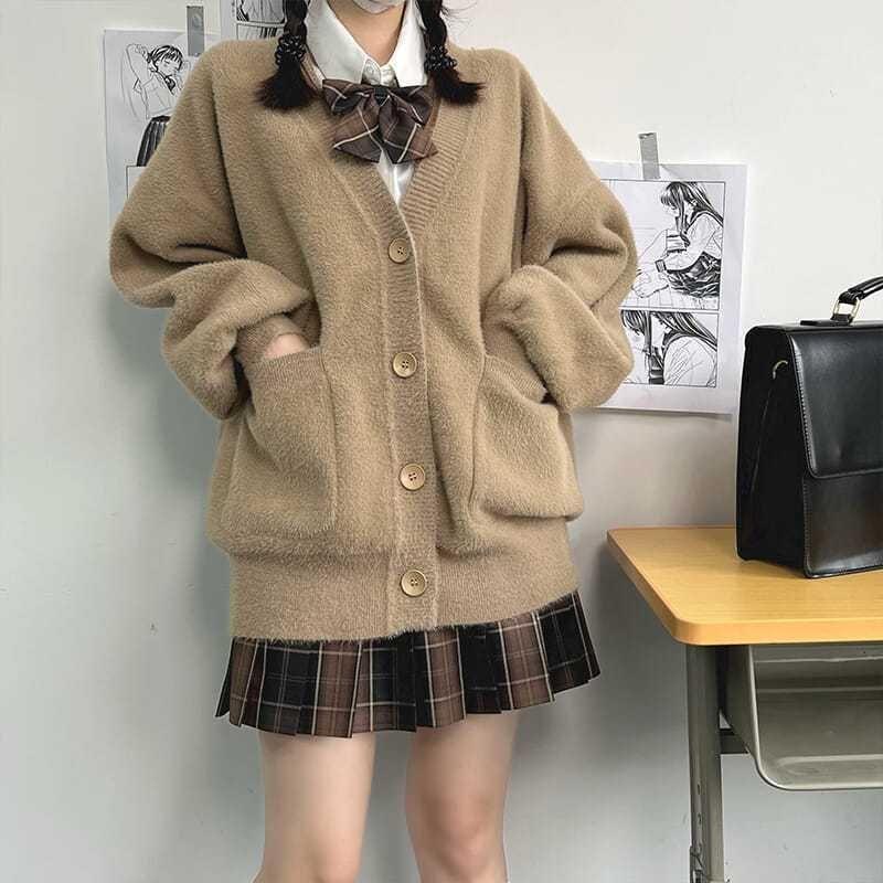 V-Neck Plain Button-Up Cardigan Product Image