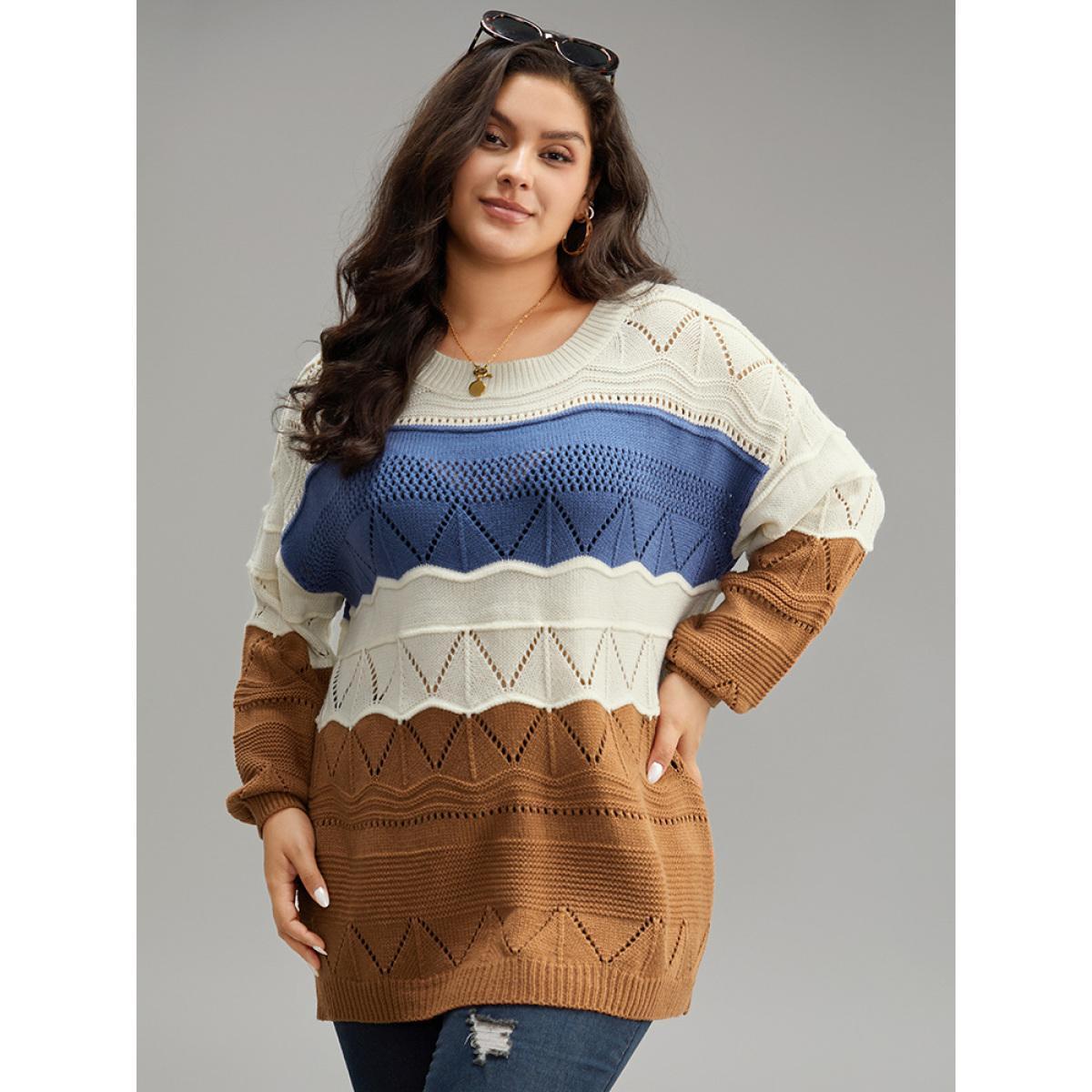 Plus Size Contrast Eyelet Patchwork Elastic Cuffs Pullover Multicolor Women Casual Loose Long Sleeve Round Neck Dailywear Pullovers BloomChic 18-20/2X Product Image