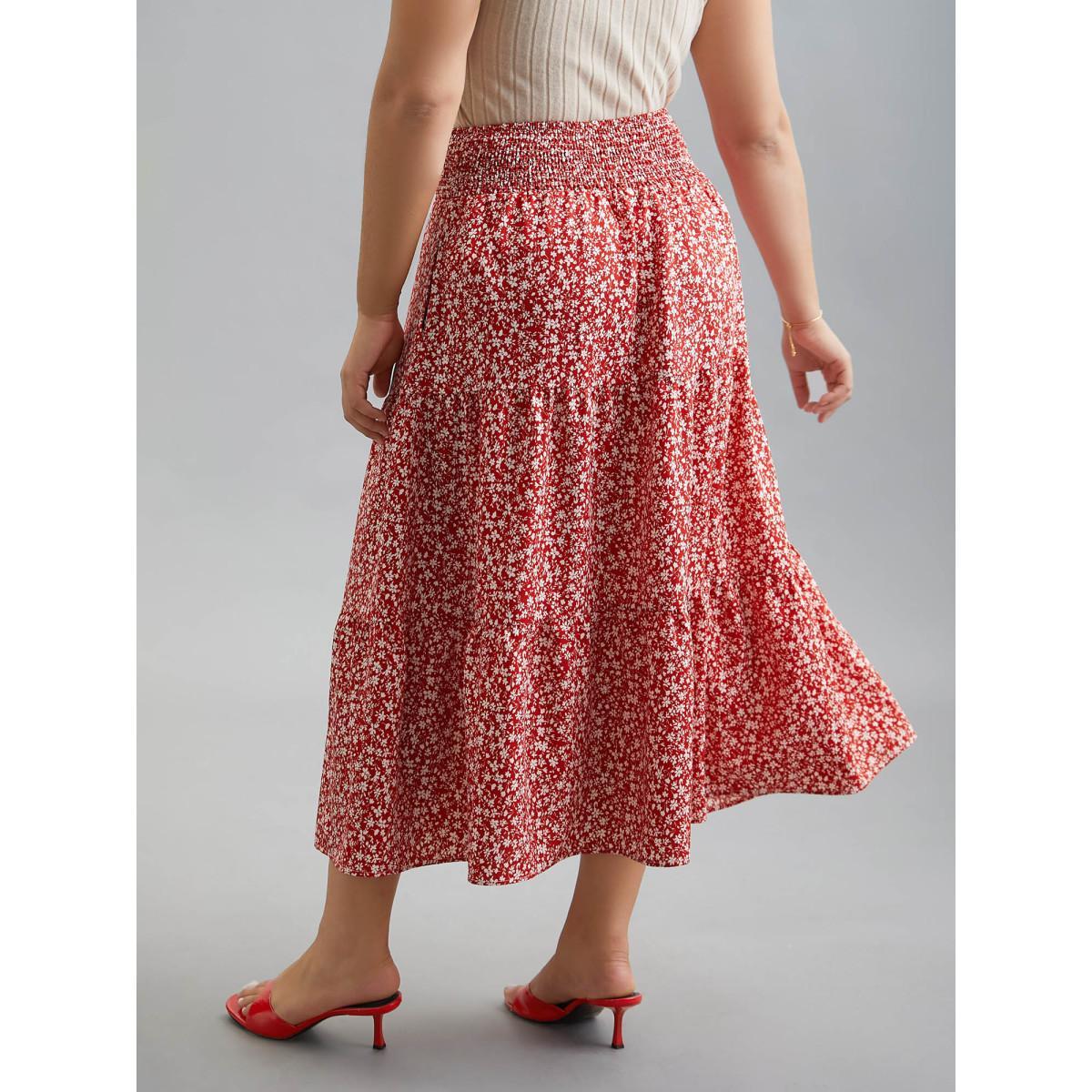 Plus Size Romantic Floral Waist Shirred Midi Skirt Women Crimson Elegant Shirred No stretch Side seam pocket Everyday Skirts BloomChic 28/5X Product Image