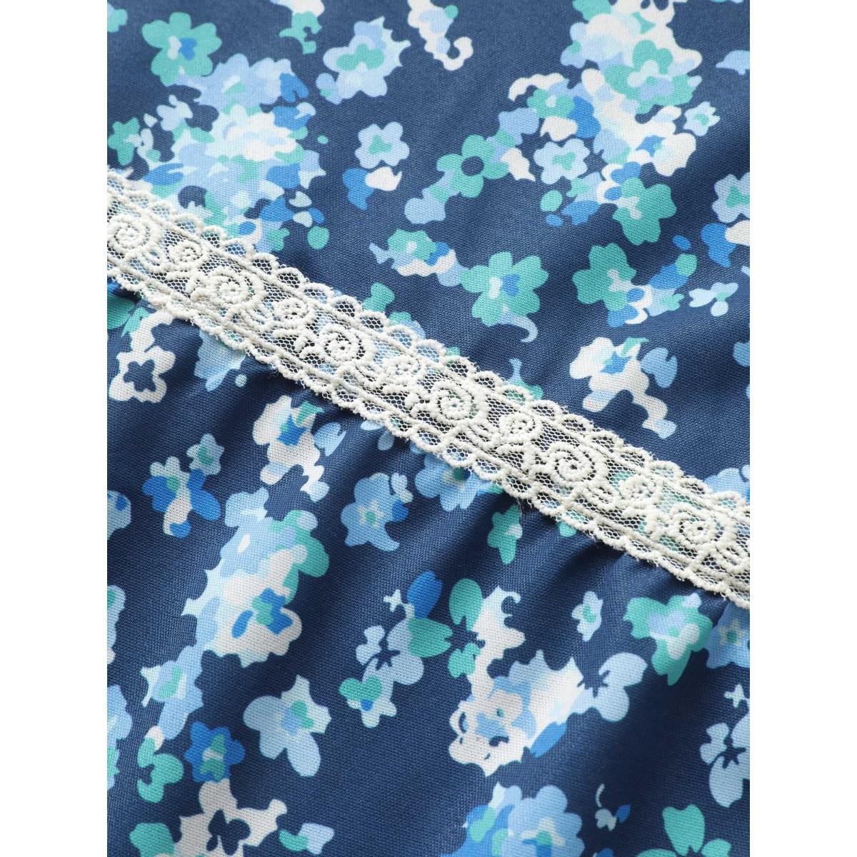 Plus Size Ditsy Floral Drawstring Lace Patchwork Tank Top Women Blue Elegant Cross straps Round Neck Everyday Tank Tops Camis BloomChic 22-24/3X Product Image