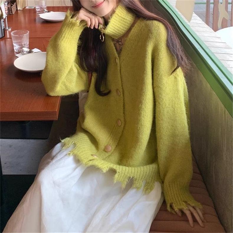 Set: V-Neck Plain Distressed Button-Up Cardigan + Choker Product Image