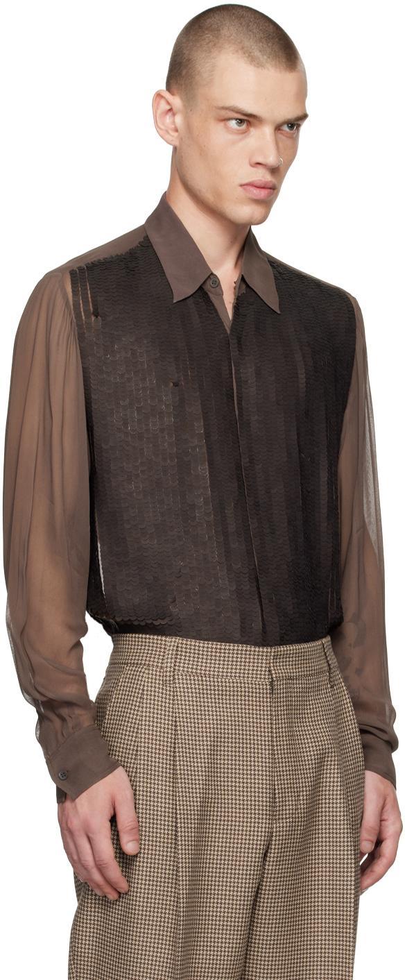 DRIES VAN NOTEN Crepe Shirt With Point Collar And Sheer Sleeves In Brown Product Image