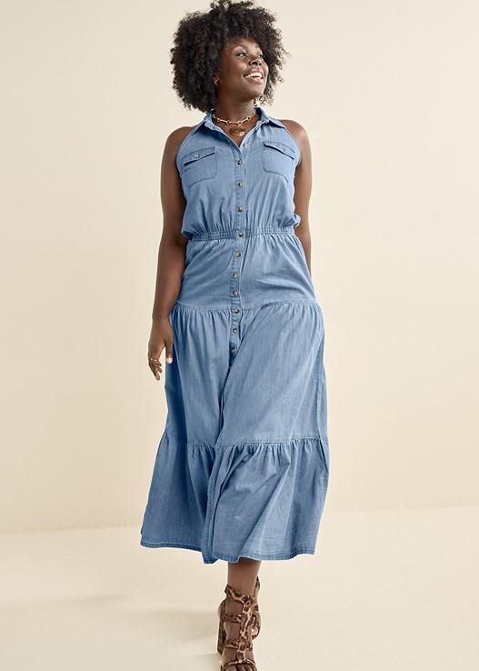 Chambray Tiered Maxi Dress Product Image