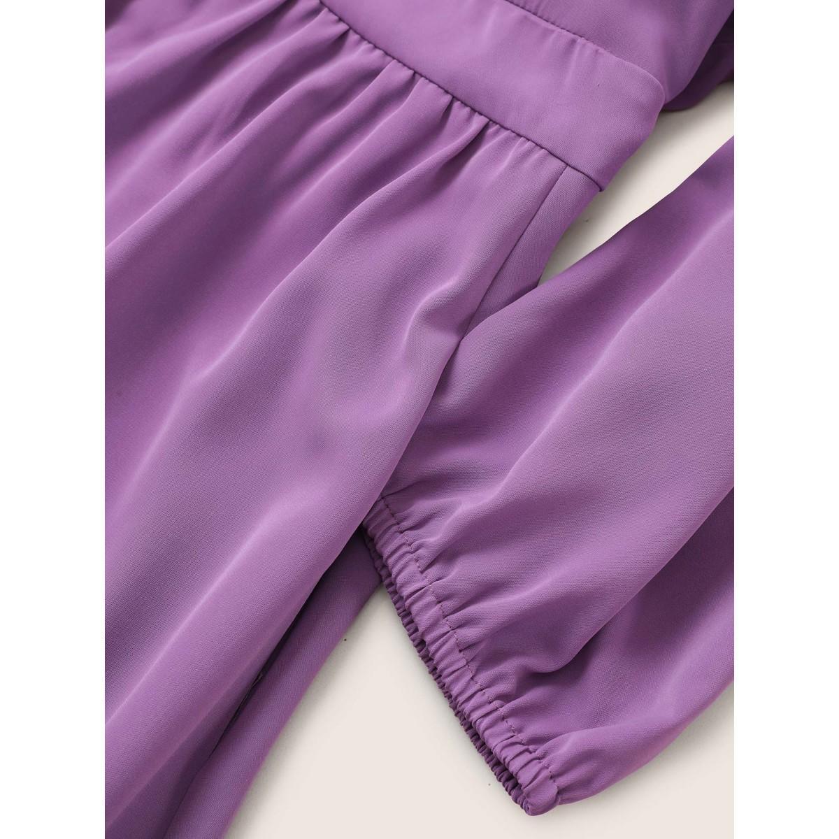 Plus Size Solid Patchwork Pleated Button Detail Dress Mauve Women At the Office Non V-neck Elbow-length sleeve Curvy Midi Dress BloomChic 30/6X Product Image