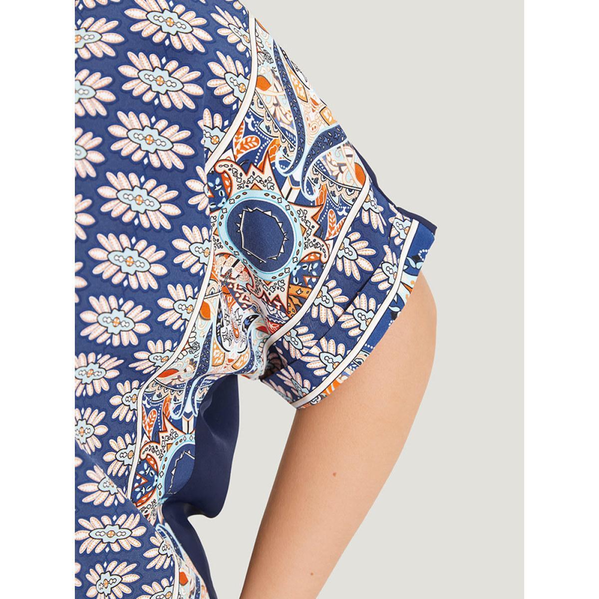 Plus Size Indigo Bandana Print Patchwork Contrast Roll Batwing Sleeve Blouse Women Vacation Short sleeve V-neck Dailywear Blouses BloomChic 14-16/1X Product Image