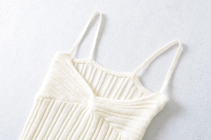 Set: Long-Sleeve V-Neck Plain Button Ribbed Knit Top + Knot Crop Cami Top Product Image