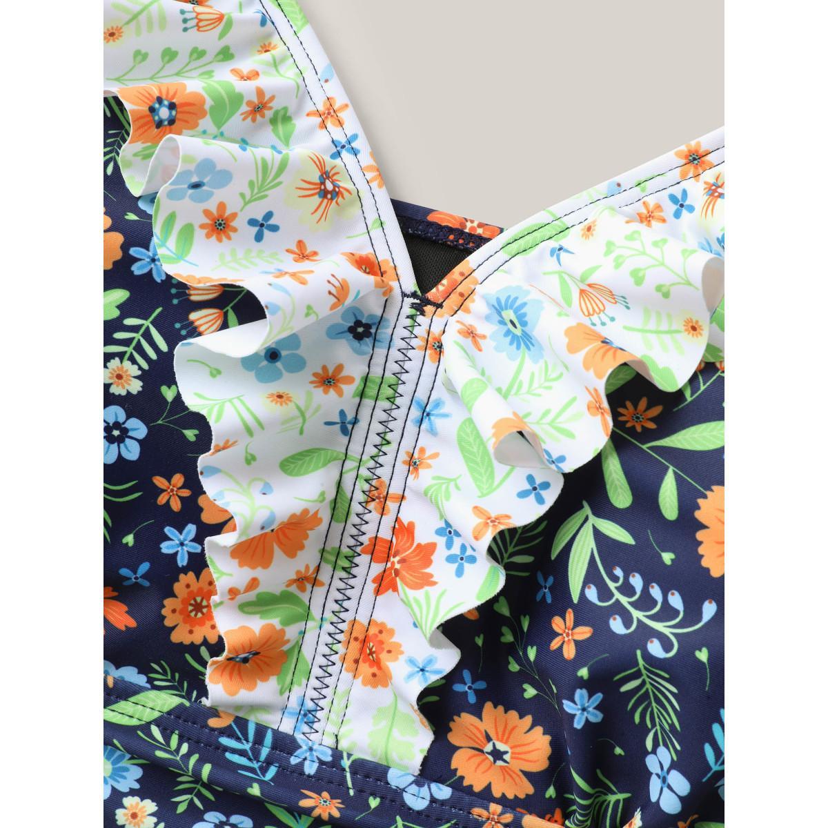 Plus Size Floral Print Ruffled Lace One-Piece Swimsuit Women's Swimwear Indigo Beach Ruffles Curve Bathing Suits High stretch One Pieces BloomChic 10/M Product Image