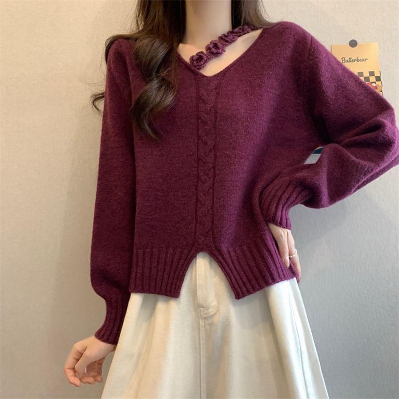 V-Neck Plain Crochet Floral Slit Cable Knit Sweater Product Image