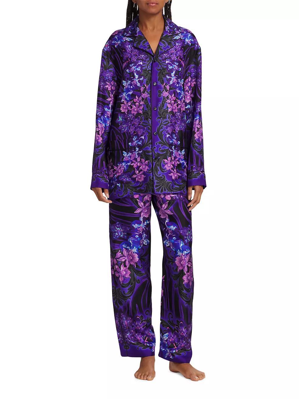 Floral-Printed Silk Pajama Pants Product Image