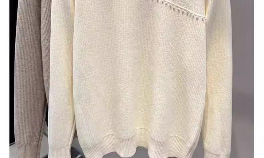 Long Sleeve Mock Neck Plain Beaded Fleece-Lined Knit Top Product Image