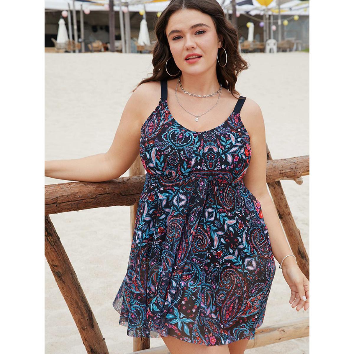 Plus Size Paisley Print Split Ruffle Hem Swim Dress Women's Swimwear BlackFlower Vacation Bodycon Round Neck High stretch Curve Swim Dresses BloomChic 12/L Product Image