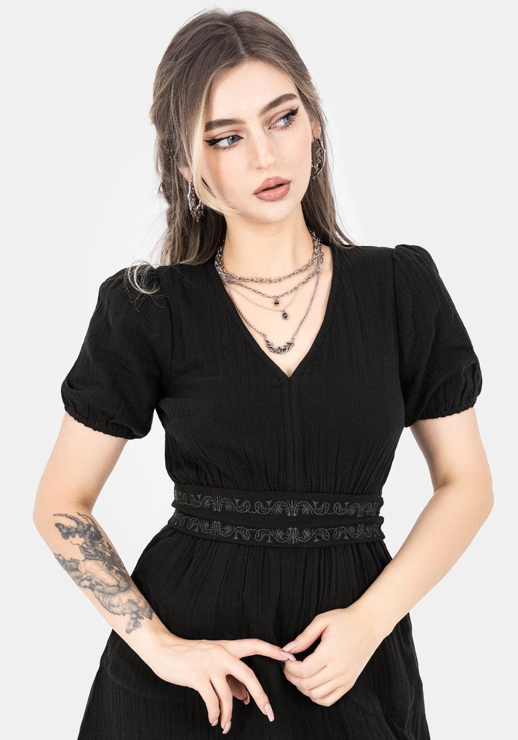 Poultice Embroidered Cotton Midi Dress - Black Product Image