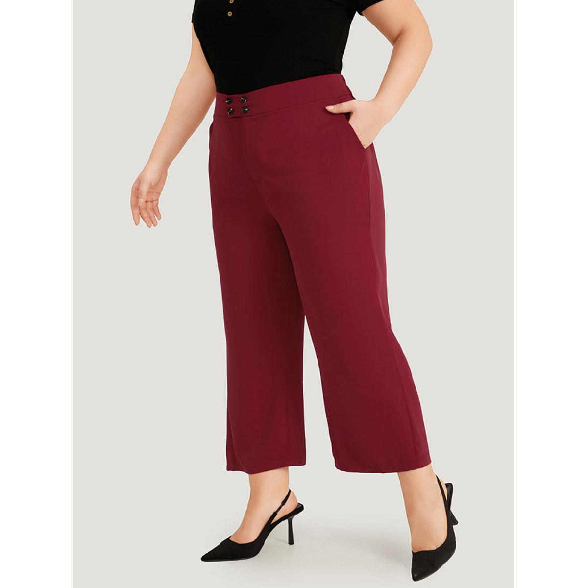 Plus Size Solid Button Detail Slant Pocket High Rise Pants Women Scarlet Office Straight Leg High Rise Work Pants BloomChic 12/L Product Image