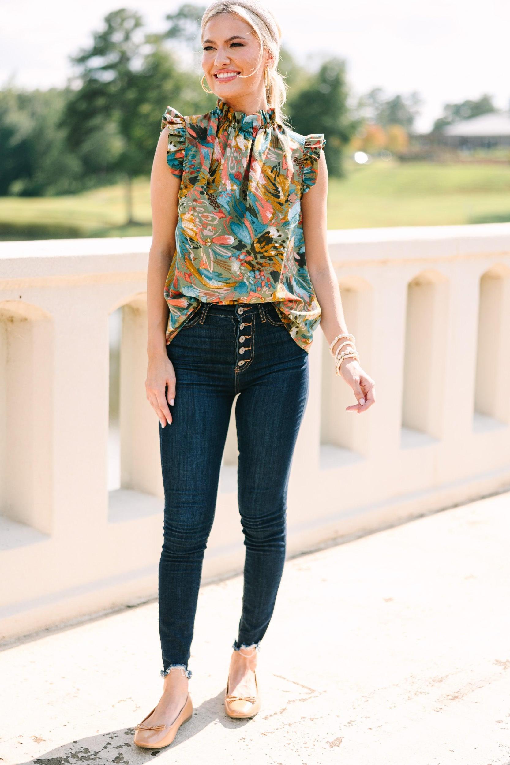 Put It To The Test Olive Green Floral Tank Female Product Image