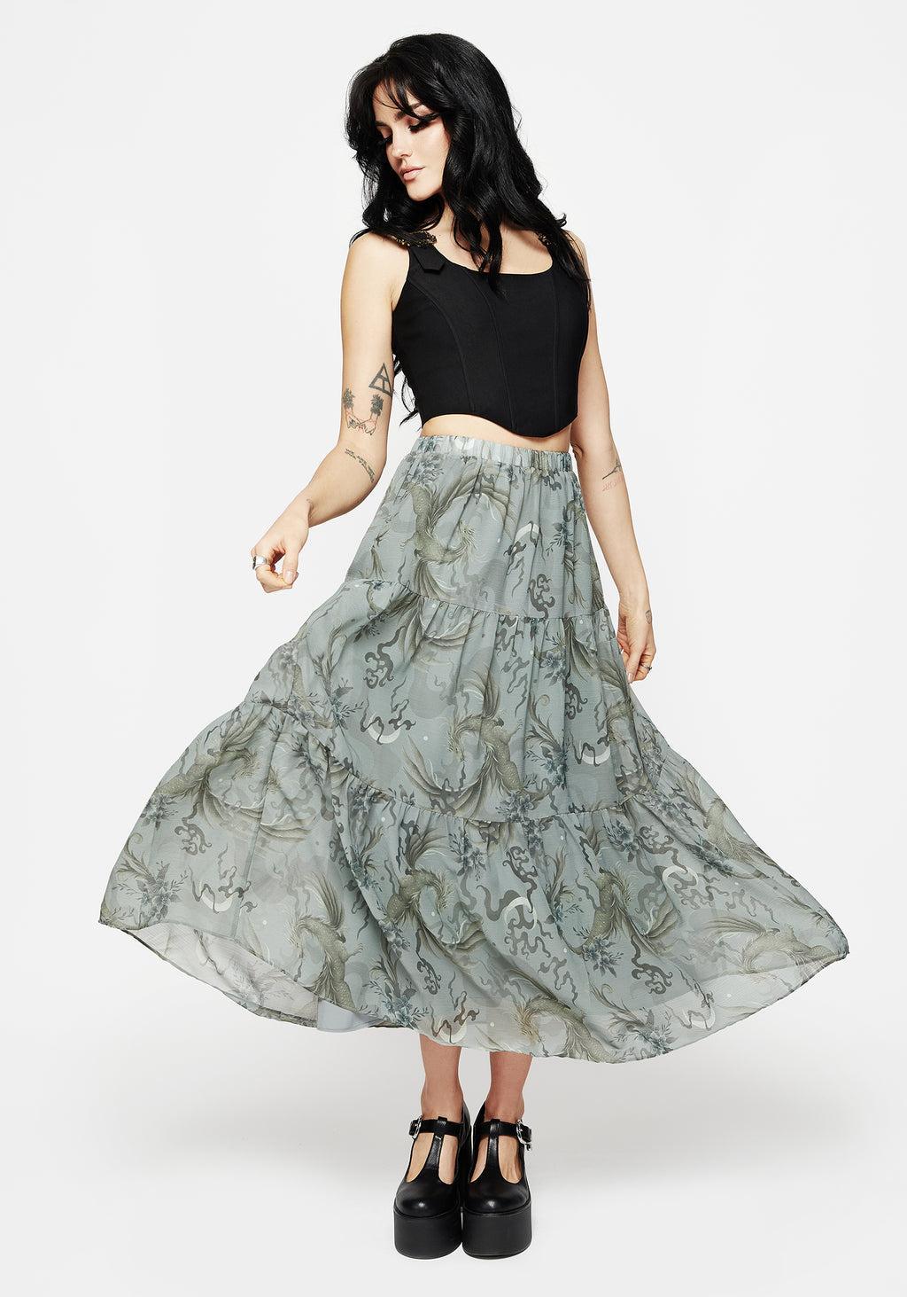 Sapphira Dragon Print Chiffon Tiered Maxi Skirt Product Image