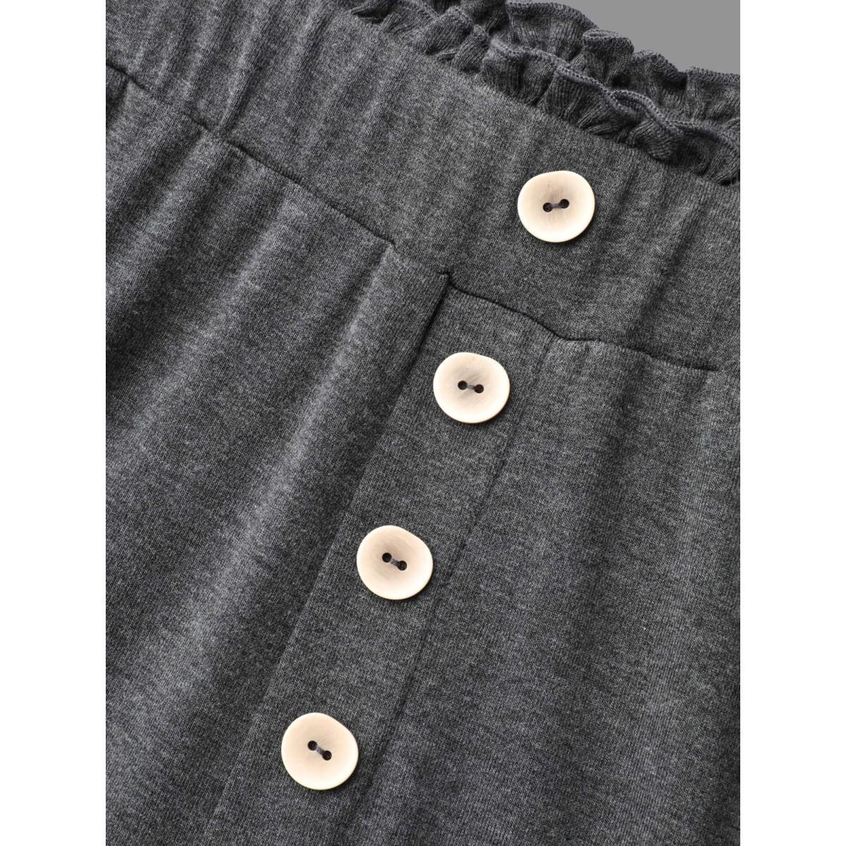 Plus Size Button-Front Ruffled Waist Stretchy Pants Women DimGray Casual Wide Leg Mid Rise Everyday Pants BloomChic 30/6X Product Image