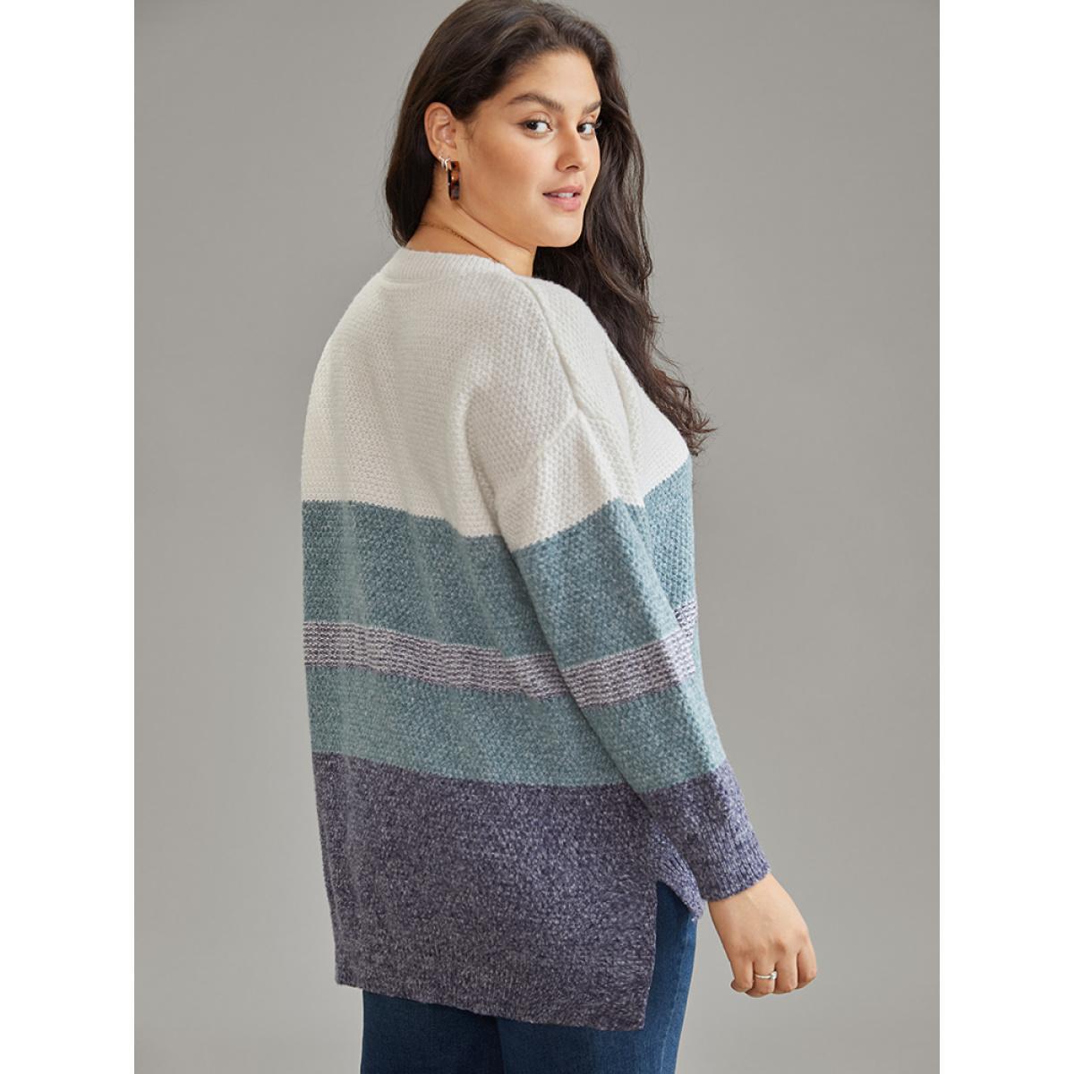 Plus Size Colorblock Heather Split Side High Low Hem Pullover Cerulean Women Casual Loose Long Sleeve V-neck Dailywear Pullovers BloomChic 30/6X Product Image