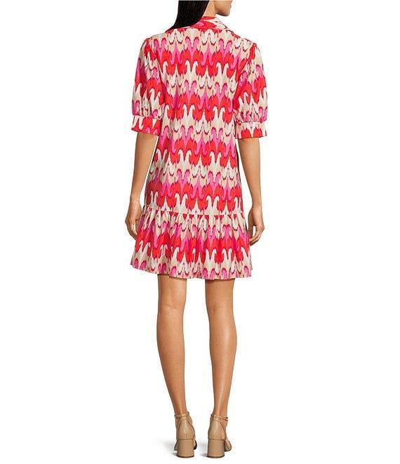Jude Connally Tierney Paradise Print Knit Point Collar V-Neck Short Puff Sleeve Drop Waist Flounce Hem Dress Product Image